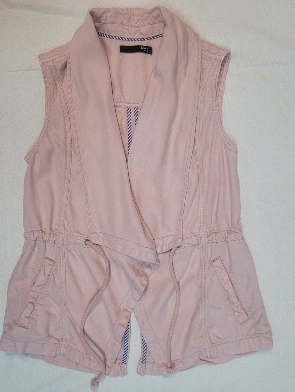 Open Front Draped Utility Drawstring Vest in Blush Pink 100% Tencel-Soft, XS